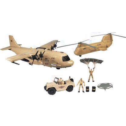 Toy military aircraft with accessories and parachute figures, tan