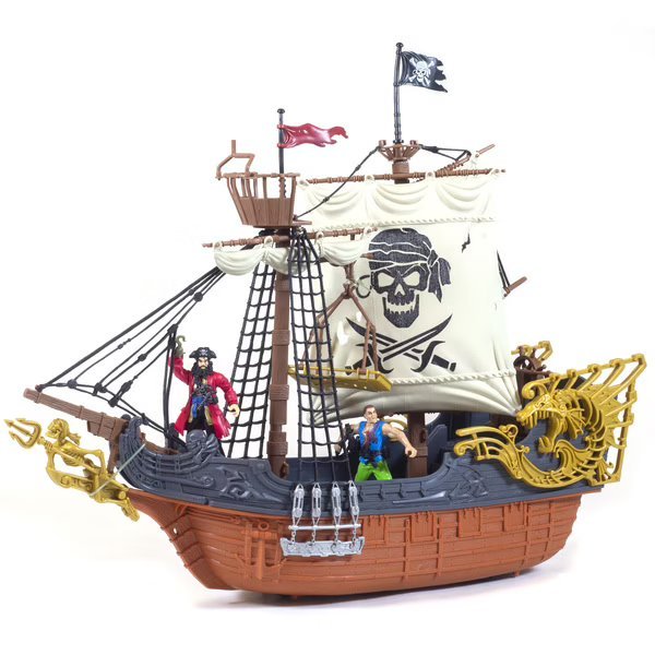 Pirate ship toy with white sail, black skull emblem, and dark hull with masts