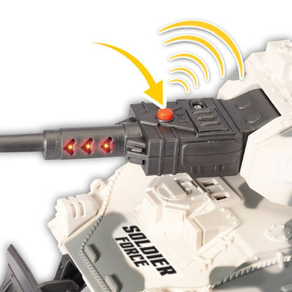 White armored tank close-up of turret control panel with glowing lights and cannon