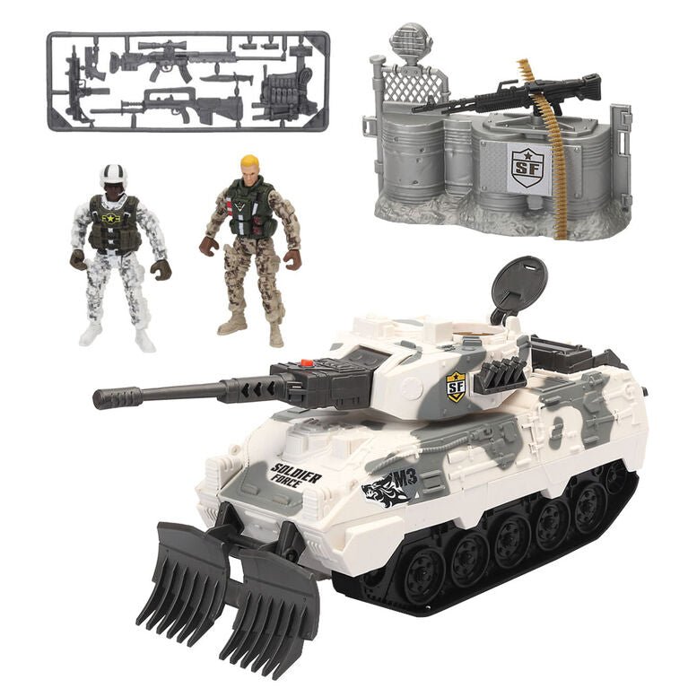 Snow tank with two soldier figures, white armored vehicle and two armed figures