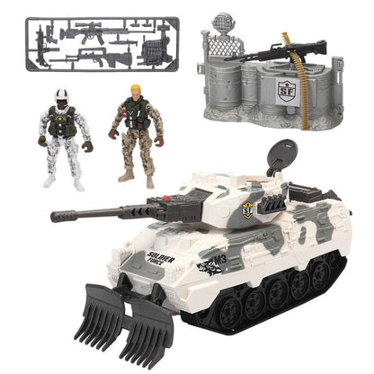 Snow tank with two soldier figures, white armored vehicle and two armed figures
