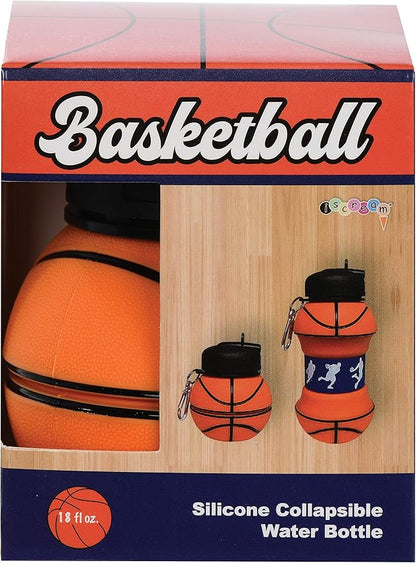 Basketball collapsible silicone water bottle in packaging, orange basketball graphics, 18 fl oz