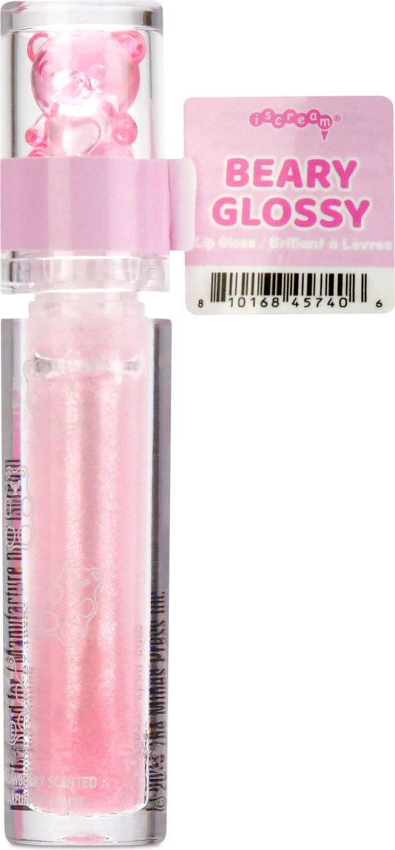 Beary Glossy Lip Gloss, pink glittery lip gloss in clear squeeze tube