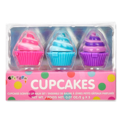 Cupcakes lip balm set: three cupcake-shaped balms in pink, blue, and purple cases.