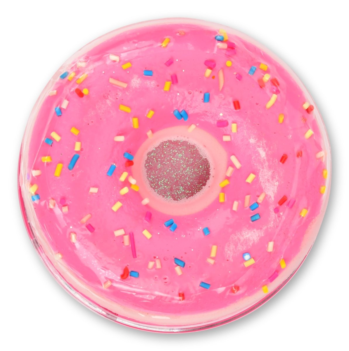 Donut Eyeshadow in pink pan with glitter center and colorful sprinkle design