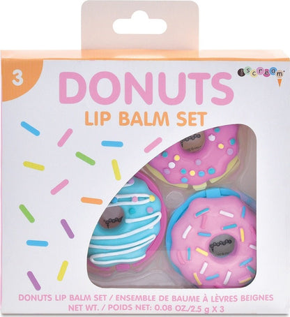 Donuts lip balm set packaging with three donut-shaped balm tubes
