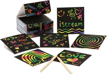 Opened Scratch Notes set with blank cards, wooden scratch sticks, and colorful icon art
