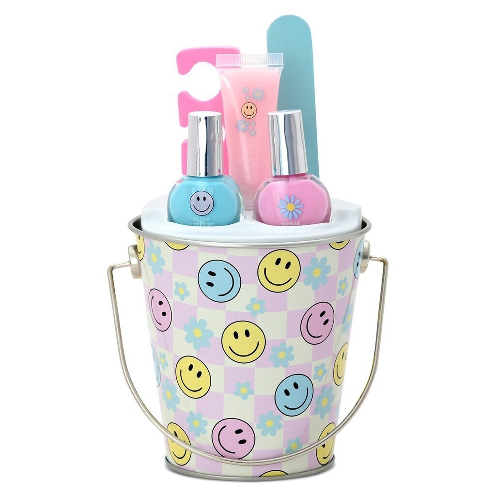 Smile All Day Beauty Bucket mit Smiley-Design, silbernen Griffen und 3 Flakons.