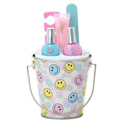 Smile All Day Beauty Bucket mit Smiley-Design, silbernen Griffen und 3 Flakons.