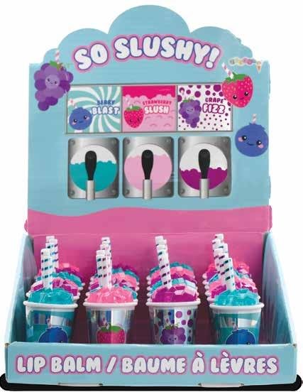 So Slushy lip balm display with multiple tubes and flavor label panel