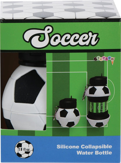 Soccer collapsible water bottle in green box with soccer ball graphics and black cap
