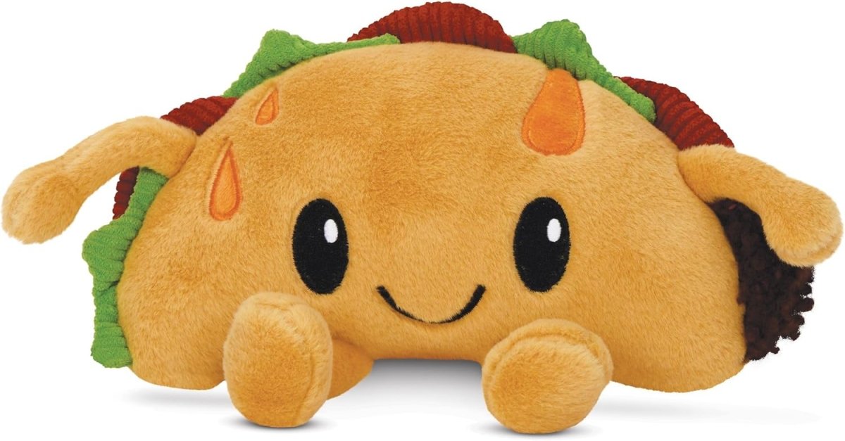 Screamsicle mini plush taco with smiling face, orange drops, green lettuce, and soft arms