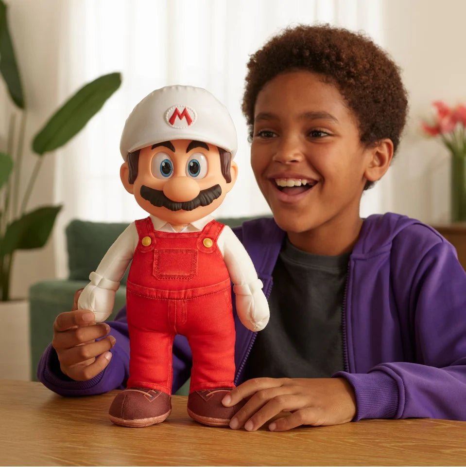 Jumbo plush Mario doll in red overalls and white cap, being held by a child