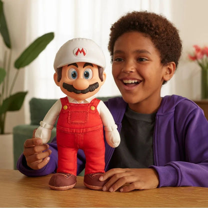 Jumbo plush Mario doll in red overalls and white cap, being held by a child