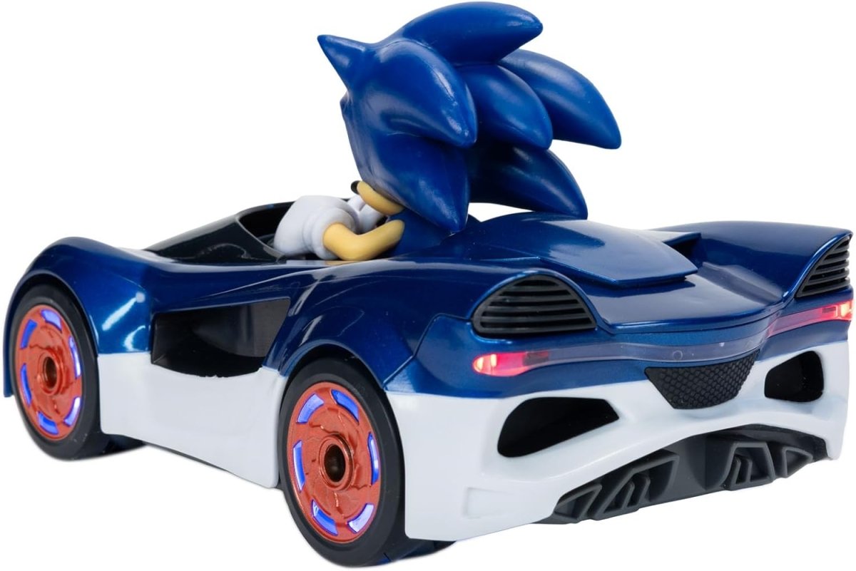 Blue Sonic-style RC drifting car with red wheel accents and rear light