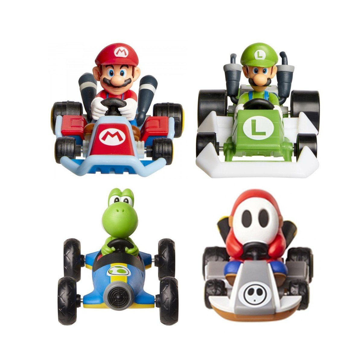 Set of kart racers with Mario, Luigi, Yoshi, and Toad driving poses