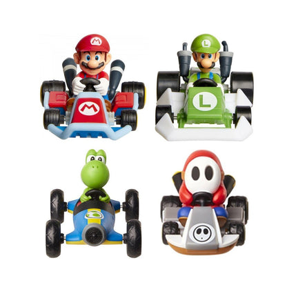 Set of kart racers with Mario, Luigi, Yoshi, and Toad driving poses