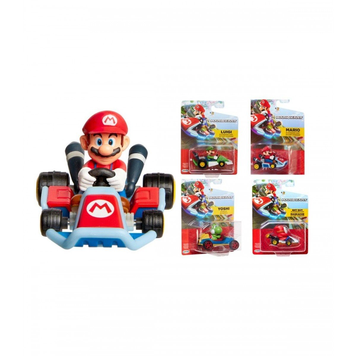 Mario Kart racer figure with red cap, seated in a red-and-black go-kart