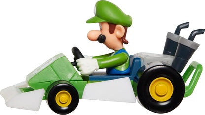 Luigi Kart racer figure in green-and-white kart, side view with black wheels