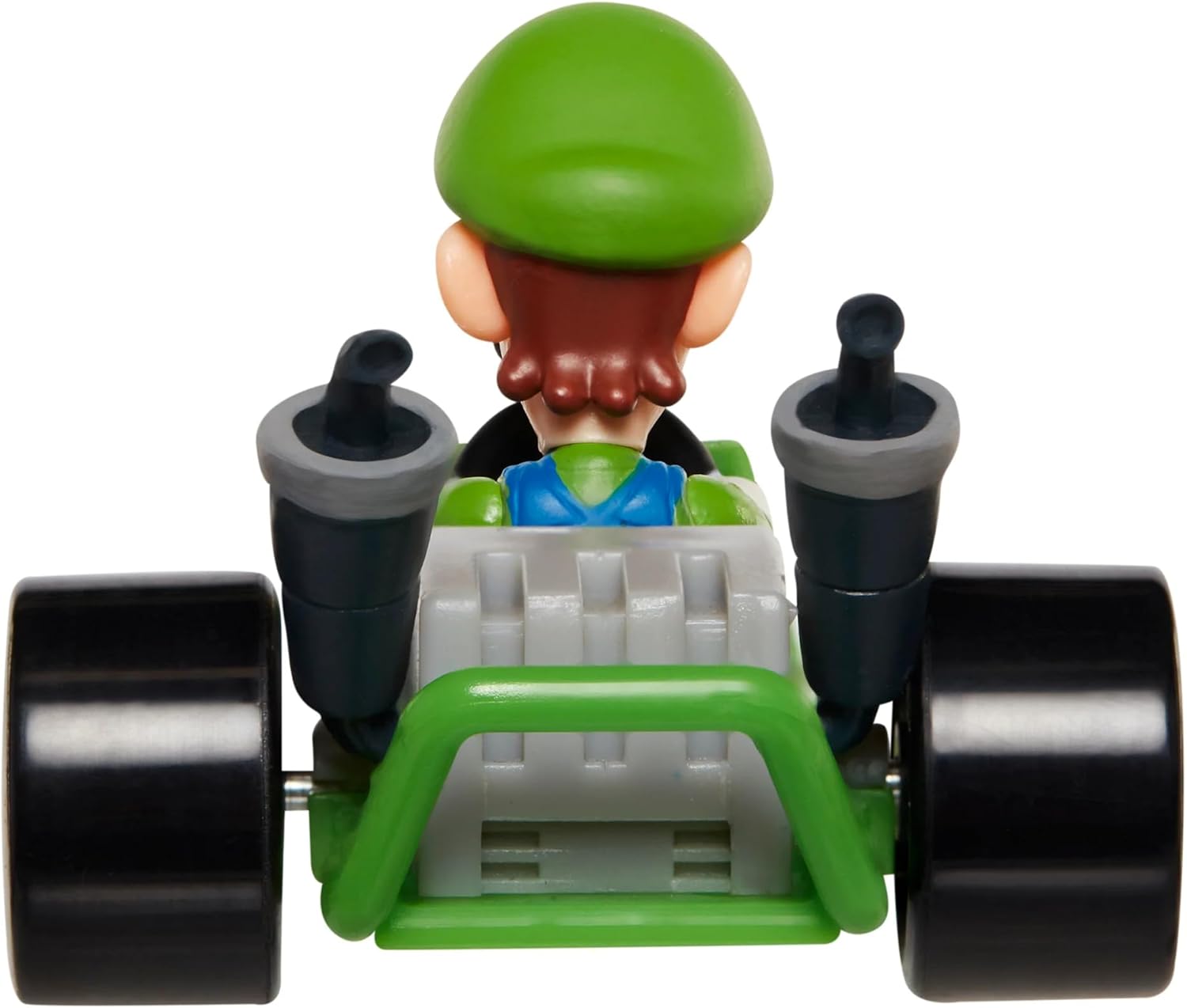 Back view of Luigi Kart racer figure with green helmet and green kart front