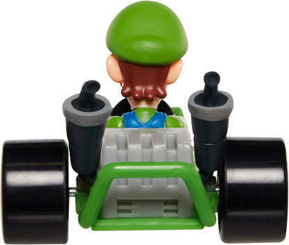 Back view of Luigi Kart racer figure with green helmet and green kart front
