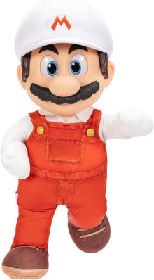 Jumbo Roto Plush Mario in white cap with red overalls and brown shoes, waving.