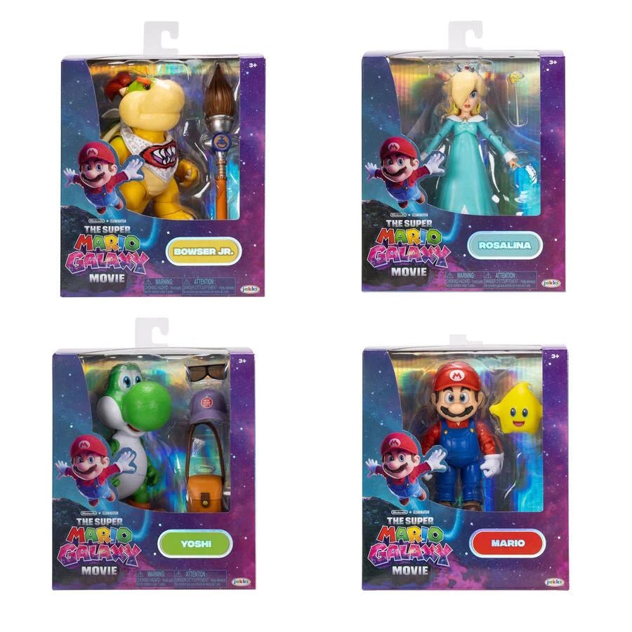 Packaged 5-inch Mario Galaxy Movie figures: Bowser Jr, Rosalina, Yoshi, Mario