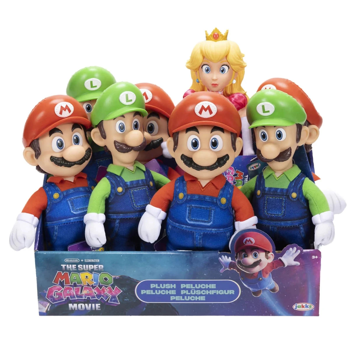 Super Mario Galaxy Movie plush set with multiple characters in front of box