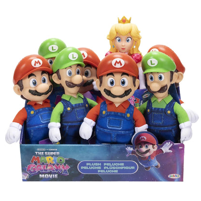 Super Mario Galaxy Movie plush set with multiple characters in front of box