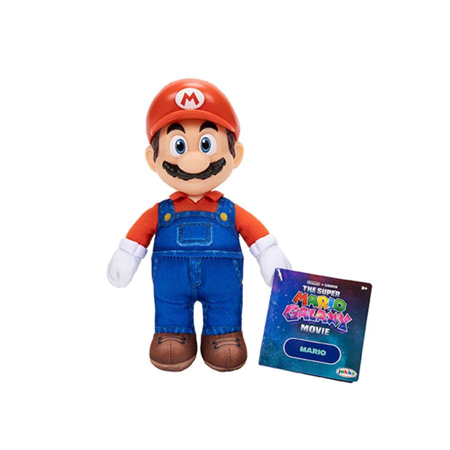 9-inch Mario plush standing, wearing red cap, blue overalls, brown shoes