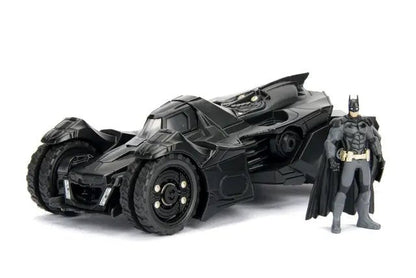 Black and gray Bathmobile with attached Batman figure, metal-detail styling