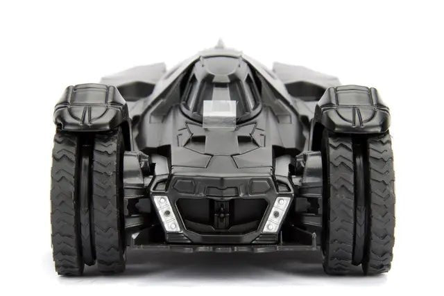 Bathmobile front view with wide tires and detailed grille, black and gray