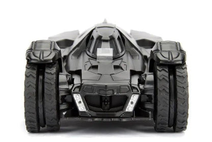 Bathmobile front view with wide tires and detailed grille, black and gray