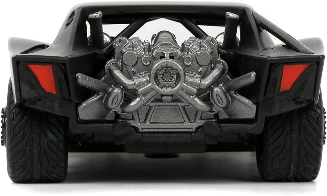 Batman 1989 Batmobile diecast rear close-up, exposed engine and red panels