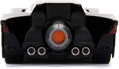 Black Batmobile 1:24 toy car rear view with orange center panel