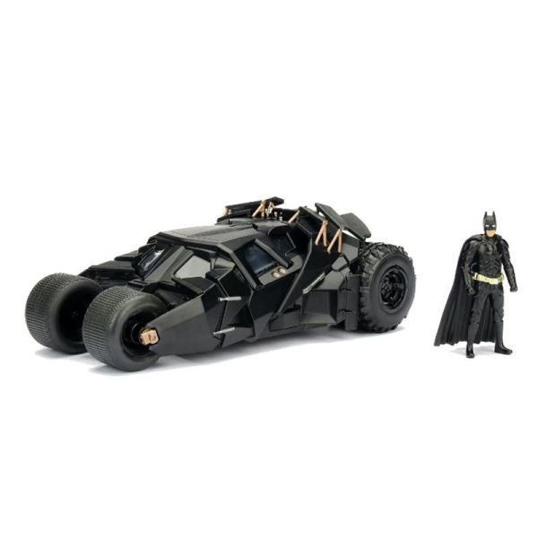 1:24 batmobile die-cast with black Batman figure, dark gray/black vehicle