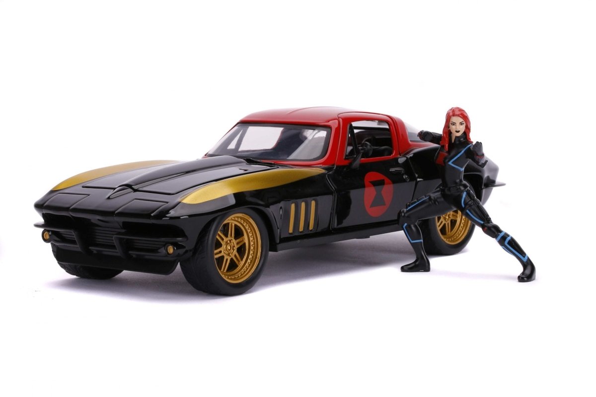 Die-cast black-and-red Corvette toy car with gold wheels and standing Black Widow figure