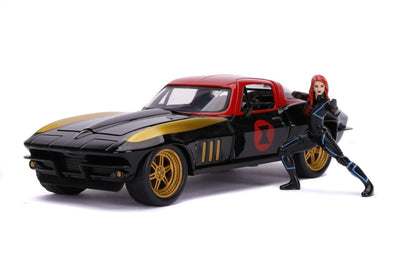 Die-cast black-and-red Corvette toy car with gold wheels and standing Black Widow figure