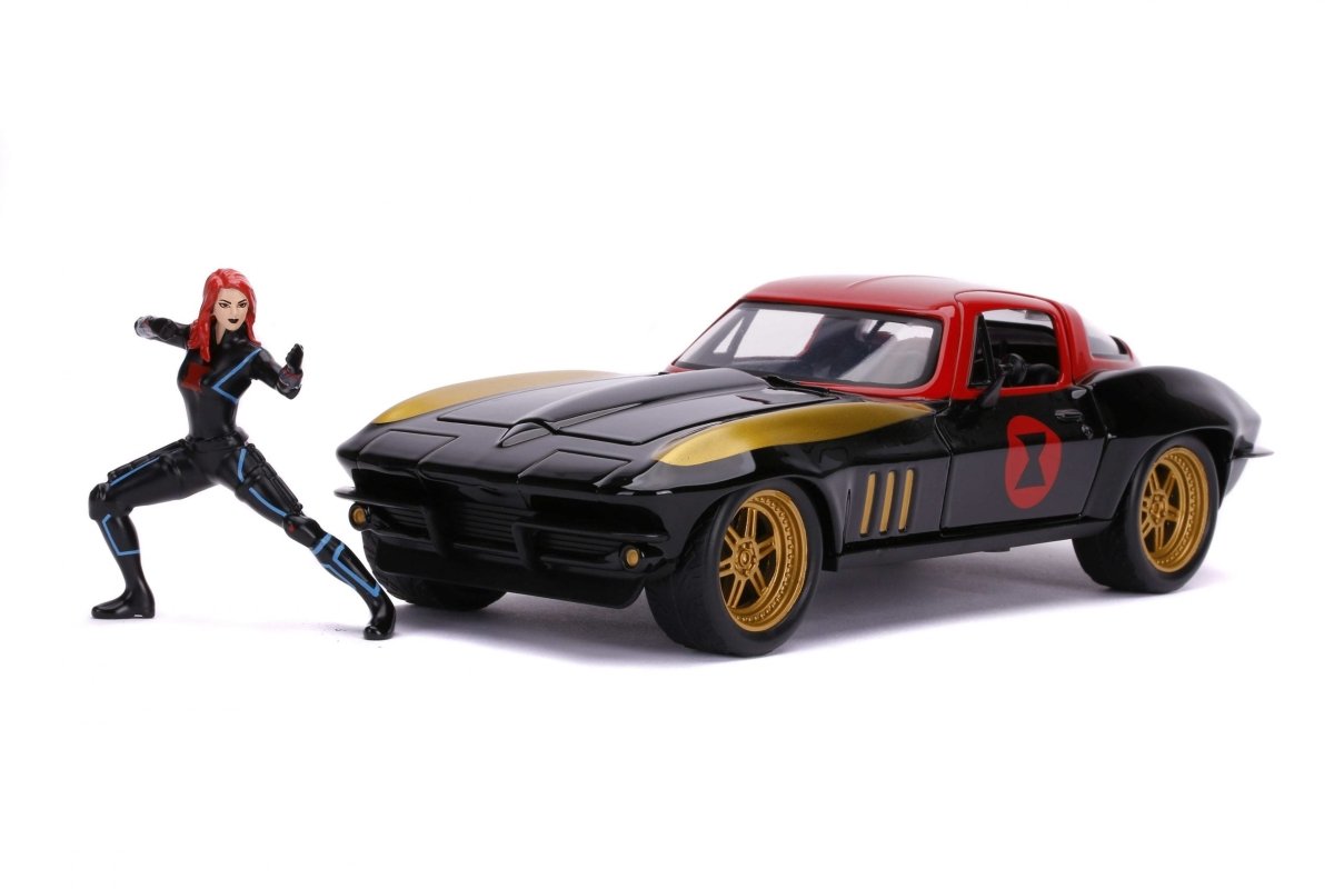 Toy die-cast car in black and red with gold wheels, with Black Widow figure