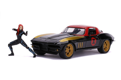 Toy die-cast car in black and red with gold wheels, with Black Widow figure