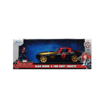 Boxed die-cast car set with Black Widow figure, black-and-red Corvette in window box