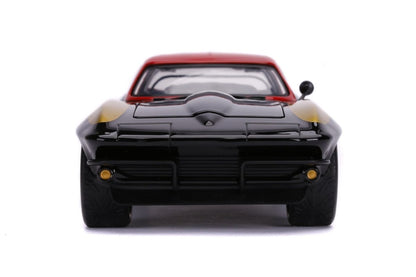 Front view of black and red die-cast Corvette toy car with gold wheels