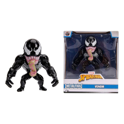 Venom diecast mini figure in retail box, black figure with red tongue, front view