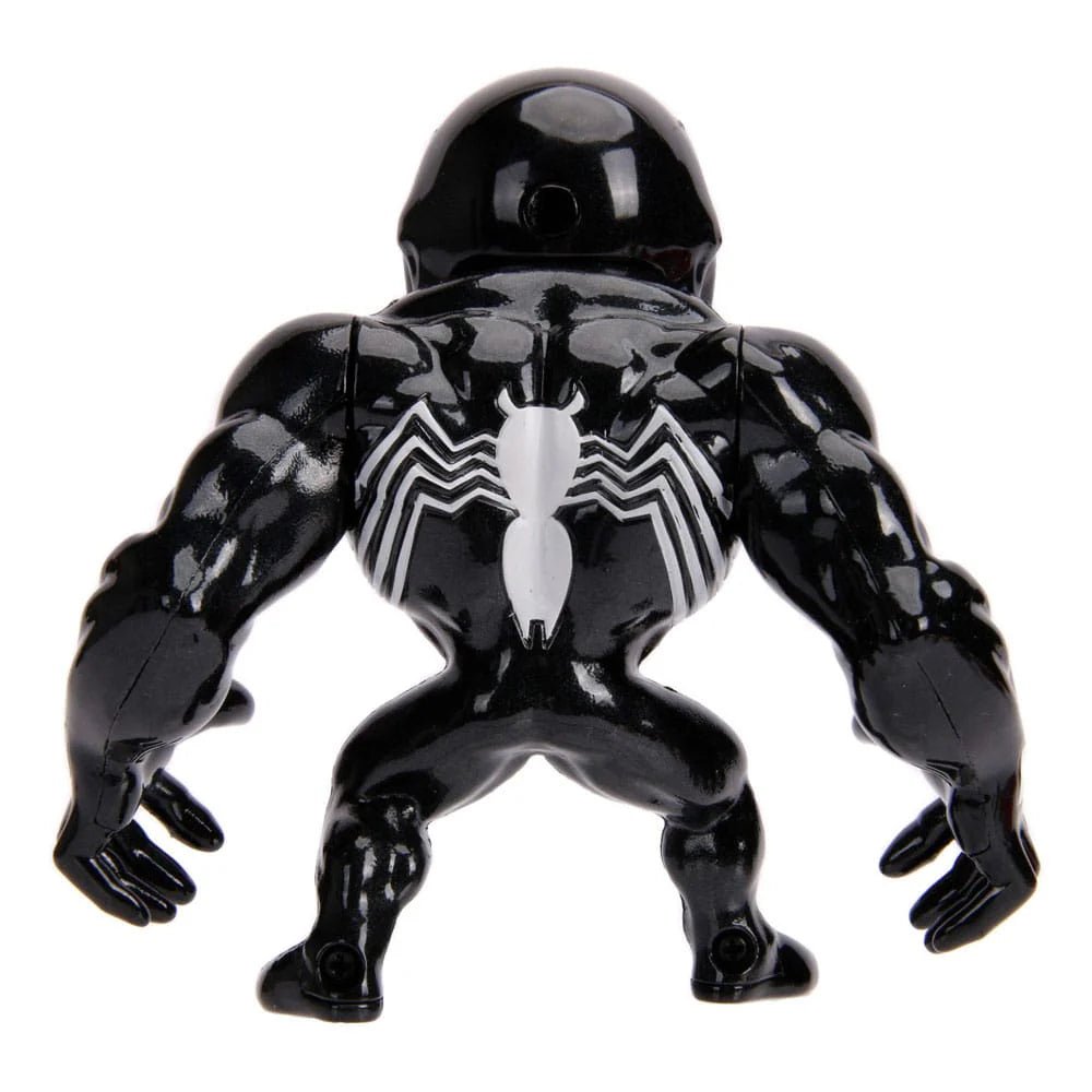 Venom diecast mini figure, black back view with white chest symbol and crouched arms
