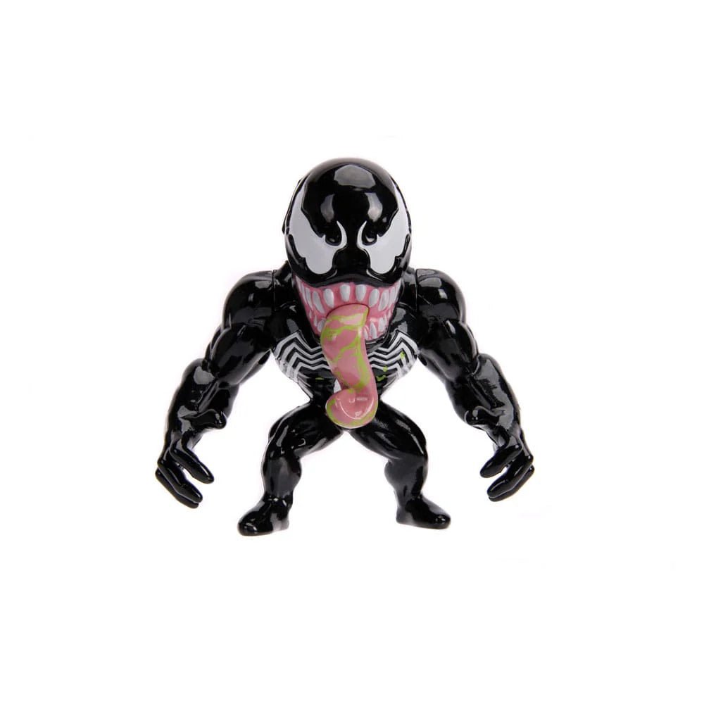 Venom diecast mini figure, black body with red tongue and open mouth, crouching stance