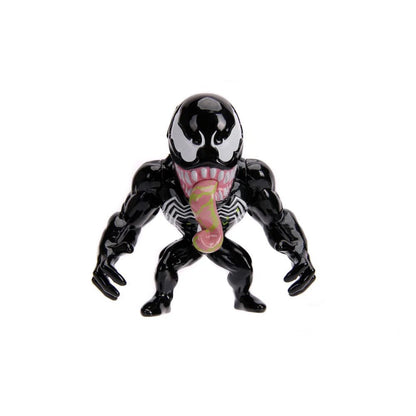 Venom diecast mini figure, black body with red tongue and open mouth, crouching stance
