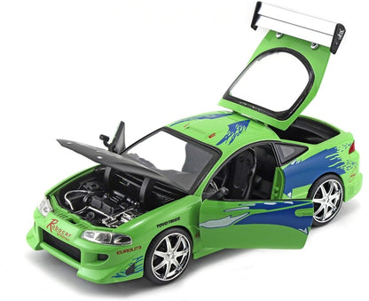 1:24 scale green Mitsubishi Eclipse model car with open hood and blue stripe