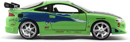1:24 scale green Mitsubishi Eclipse model car side view with blue decals and chrome wheels