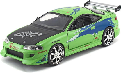1:24 scale green Mitsubishi Eclipse model car with black hood and blue decals