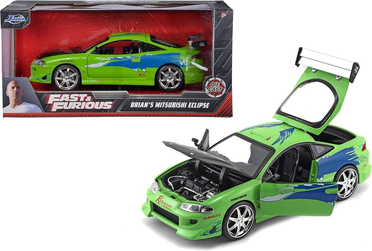 Boxed 1:24 scale die-cast model car, green Mitsubishi Eclipse with blue graphics